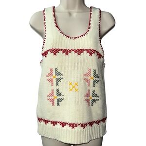 Vintage Charlie's Girls Sweater Vest Tank Top Embroidered Knit Cream 1970s S/M